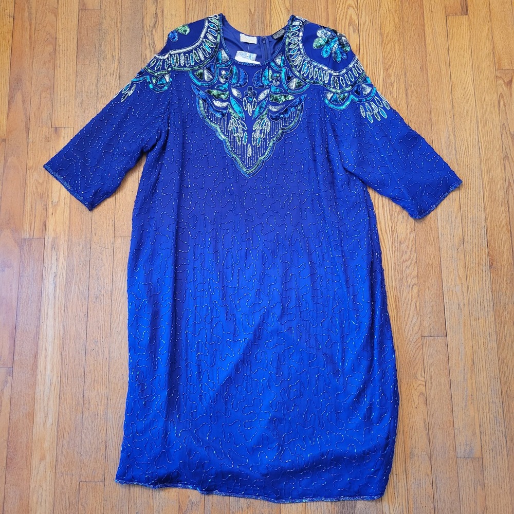 Roamans Silk Dress Blue Beaded Sequin Vintage Sheath Glam Gala Statement Disco